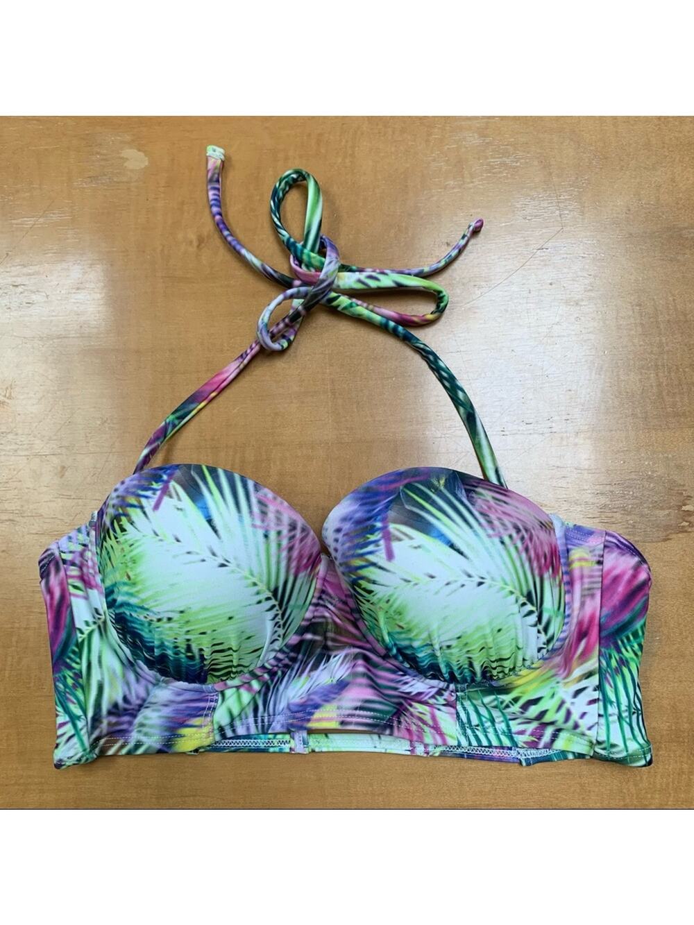 BONGO Palm Leaf Halter Adjustable Straps Bikini Swim Top Juniors Size Medium EUC